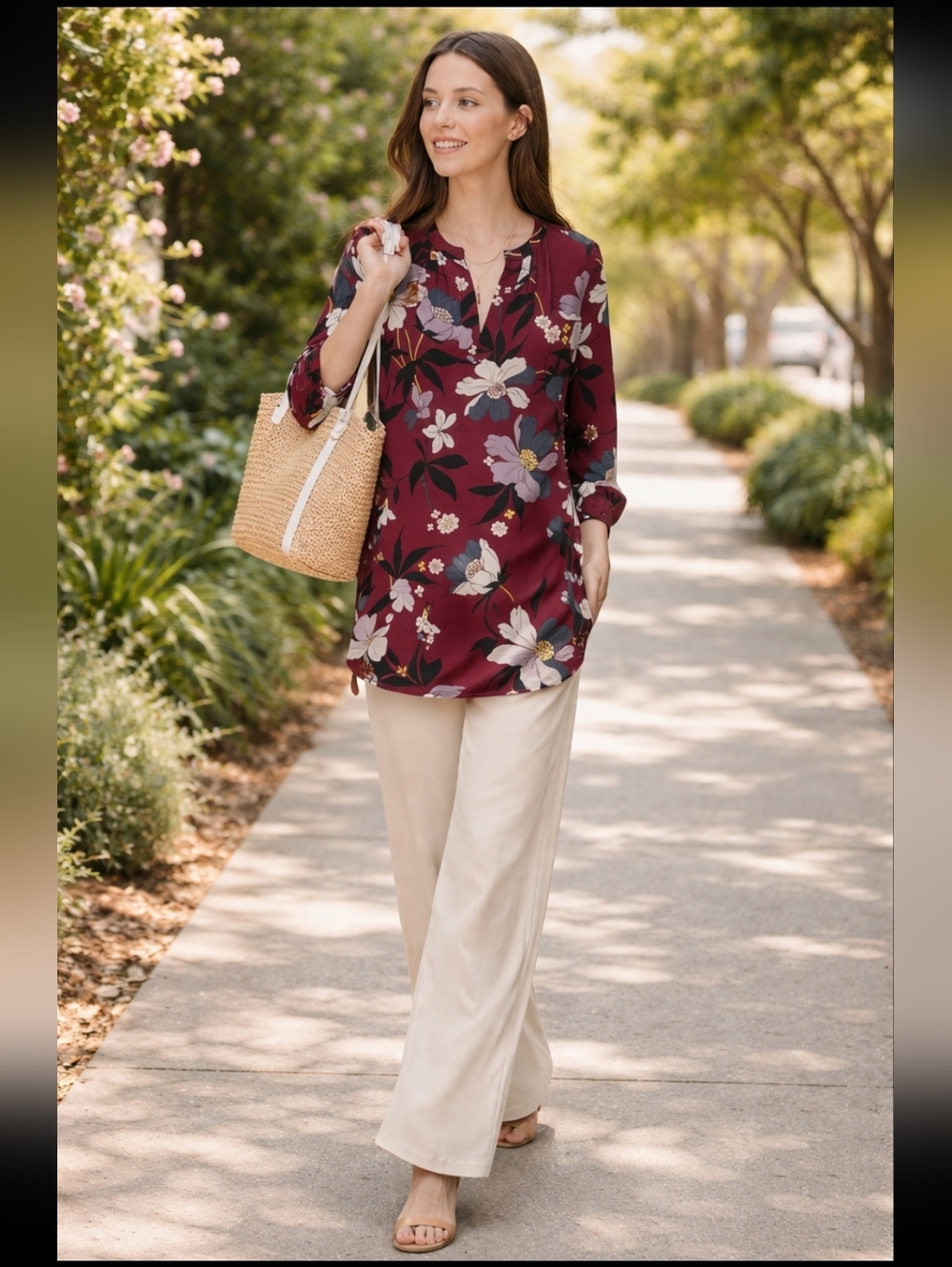Loft Ann Taylor Flowy Tunic Blouse Long Sleeves Floral Plum Mulberry Wine Med